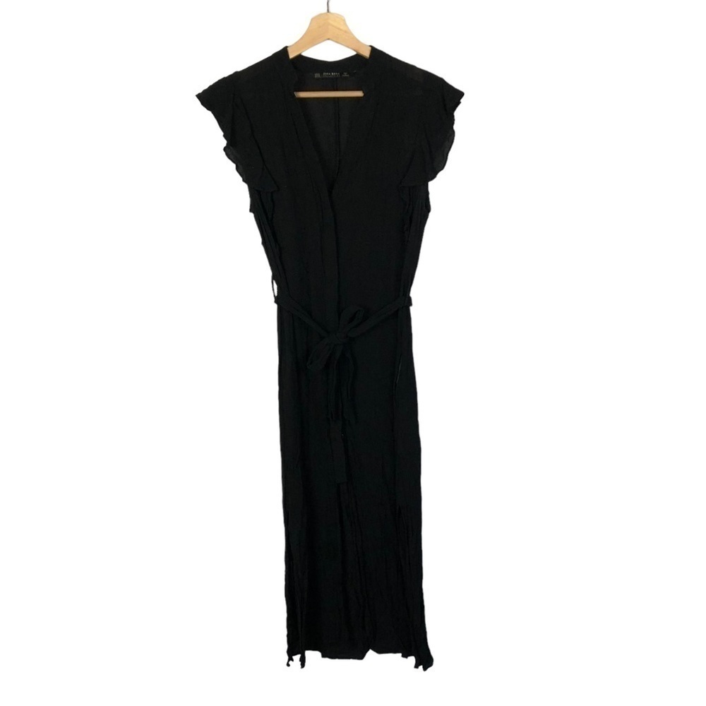 Zara Black Short Ruffle Sleeve Button Down Midi Dress XS